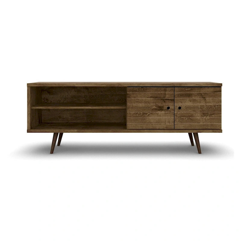 Meuble TV/console média en bois blanc, style Mid-Century Modern, avec pieds obliques