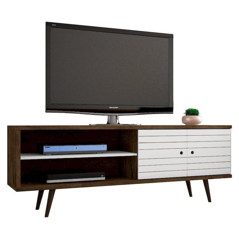 Meuble TV/console média en bois blanc, style Mid-Century Modern, avec pieds obliques