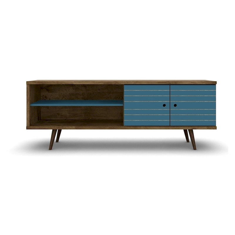 Meuble TV/console média en bois blanc, style Mid-Century Modern, avec pieds obliques