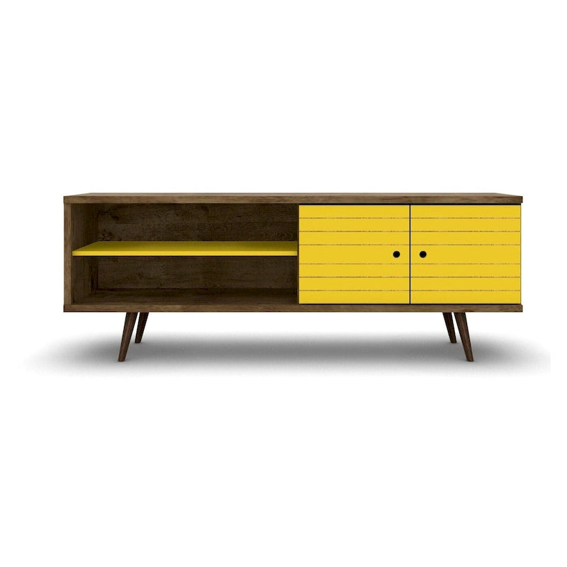 Meuble TV/console média en bois blanc, style Mid-Century Modern, avec pieds obliques