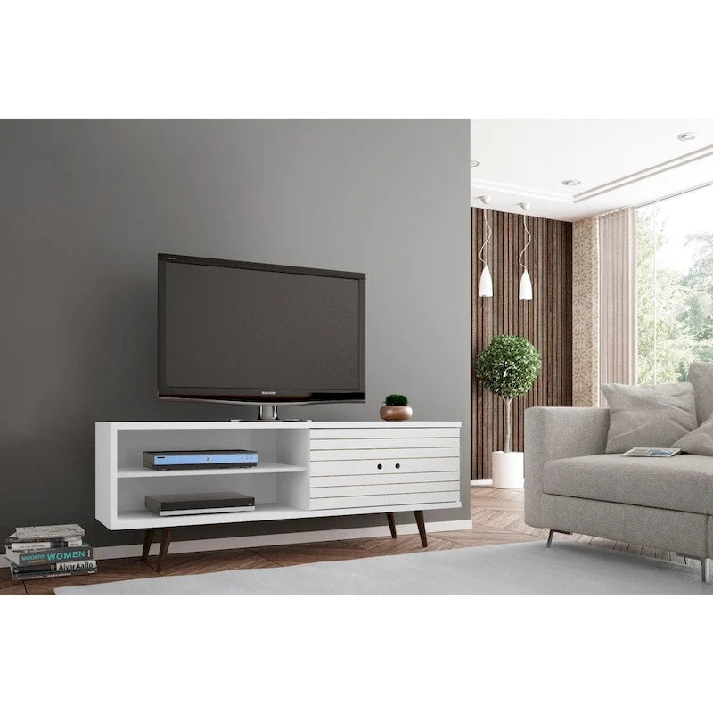 Meuble TV/console média en bois blanc, style Mid-Century Modern, avec pieds obliques