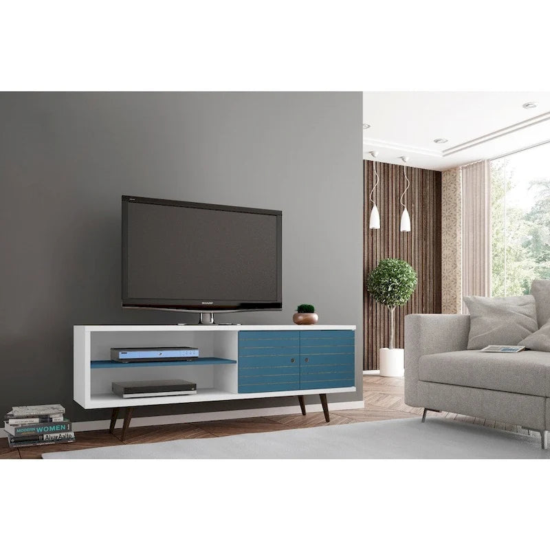 Meuble TV/console média en bois blanc, style Mid-Century Modern, avec pieds obliques