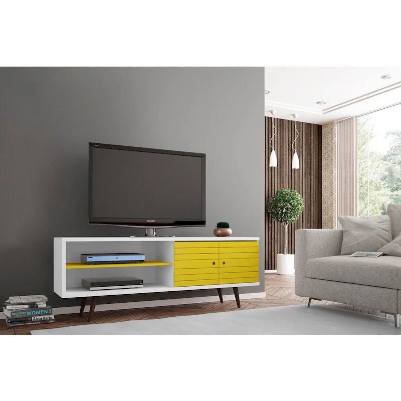 Meuble TV/console média en bois blanc, style Mid-Century Modern, avec pieds obliques