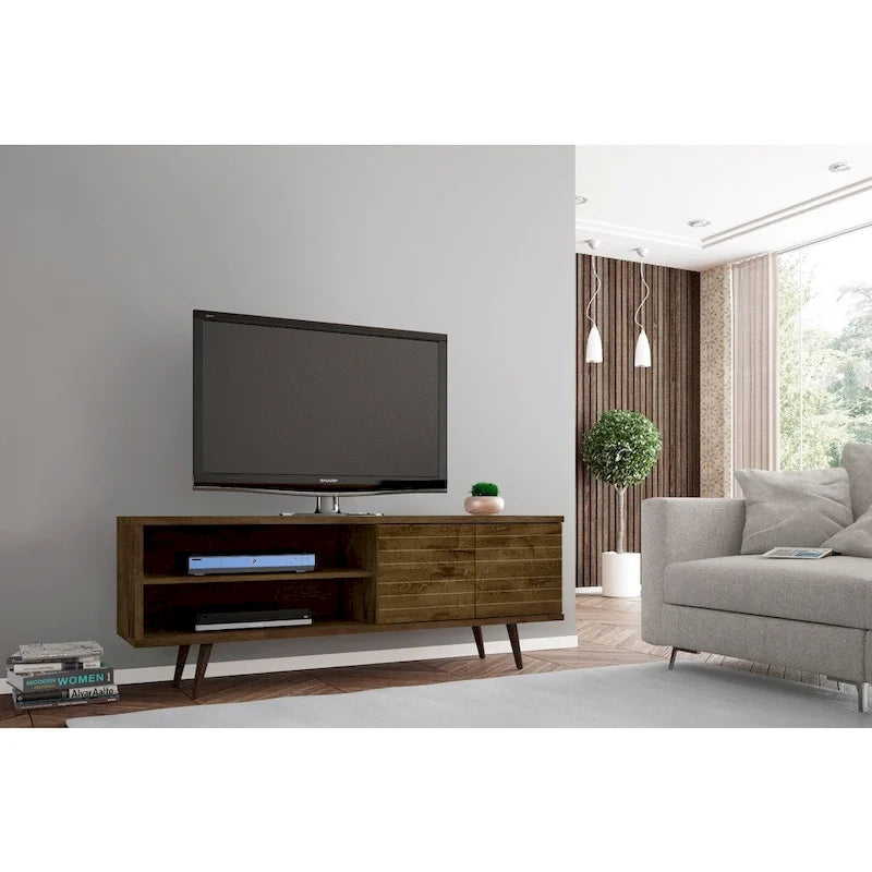Meuble TV/console média en bois blanc, style Mid-Century Modern, avec pieds obliques