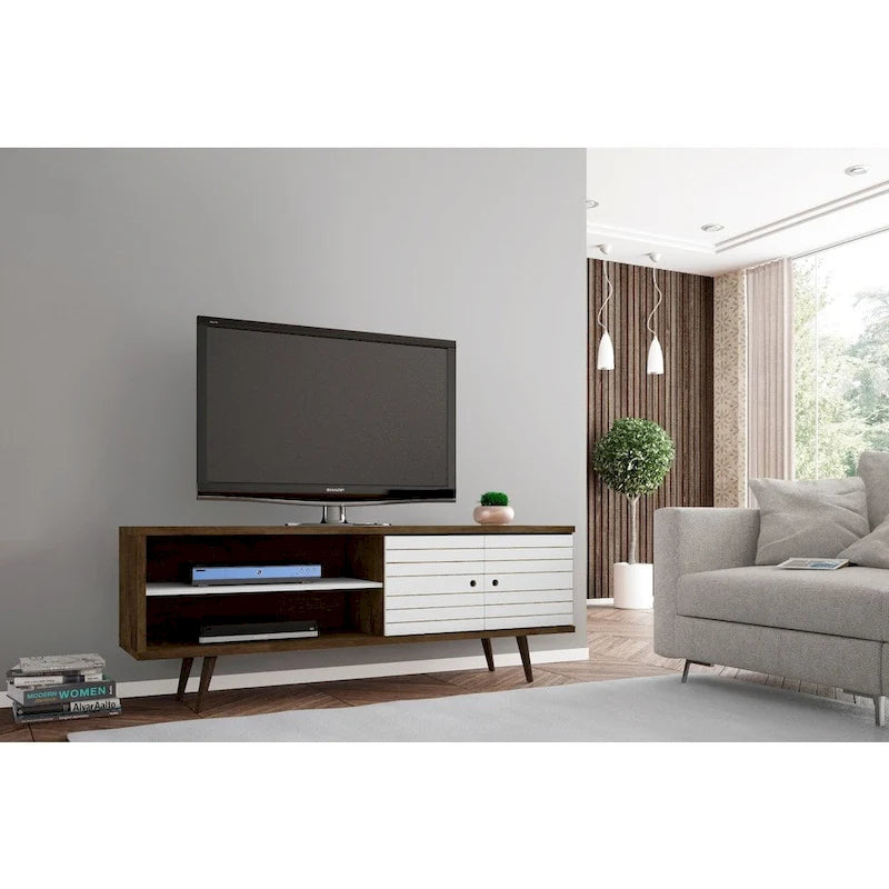 Meuble TV/console média en bois blanc, style Mid-Century Modern, avec pieds obliques