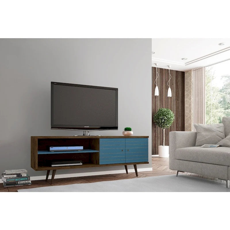 Meuble TV/console média en bois blanc, style Mid-Century Modern, avec pieds obliques