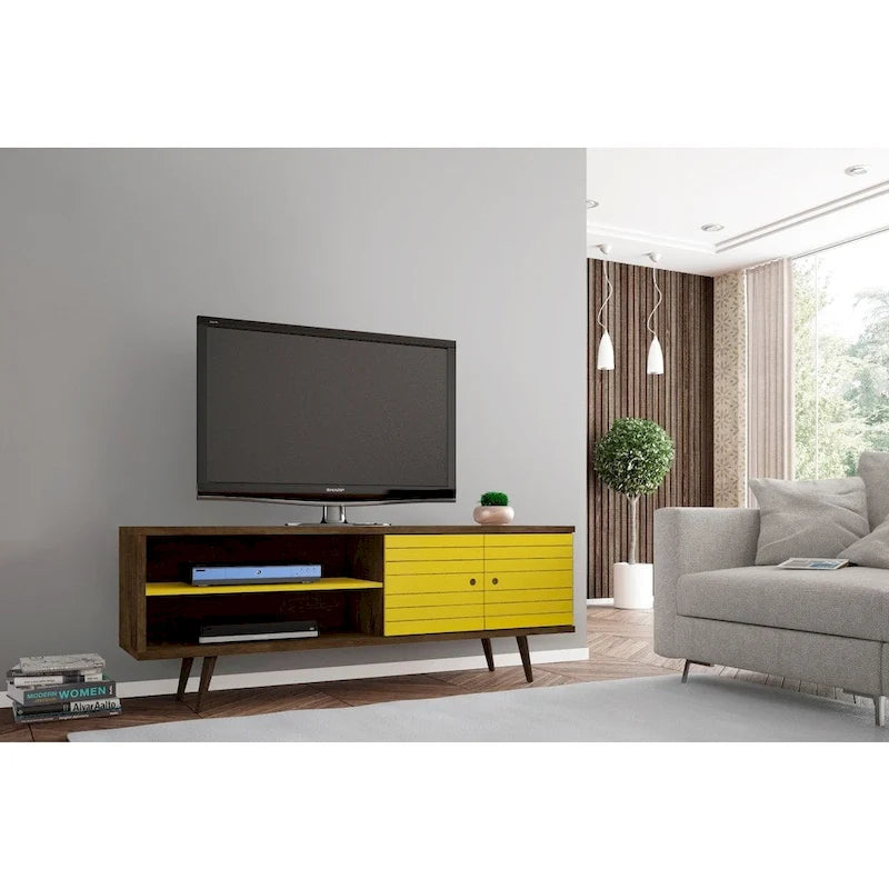 Meuble TV/console média en bois blanc, style Mid-Century Modern, avec pieds obliques