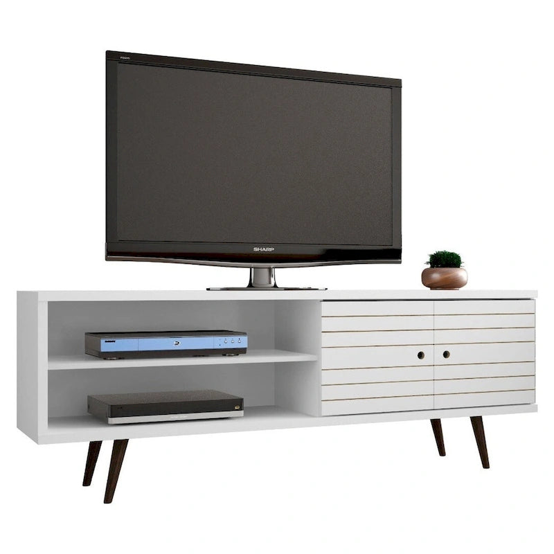 Meuble TV/console média en bois blanc, style Mid-Century Modern, avec pieds obliques