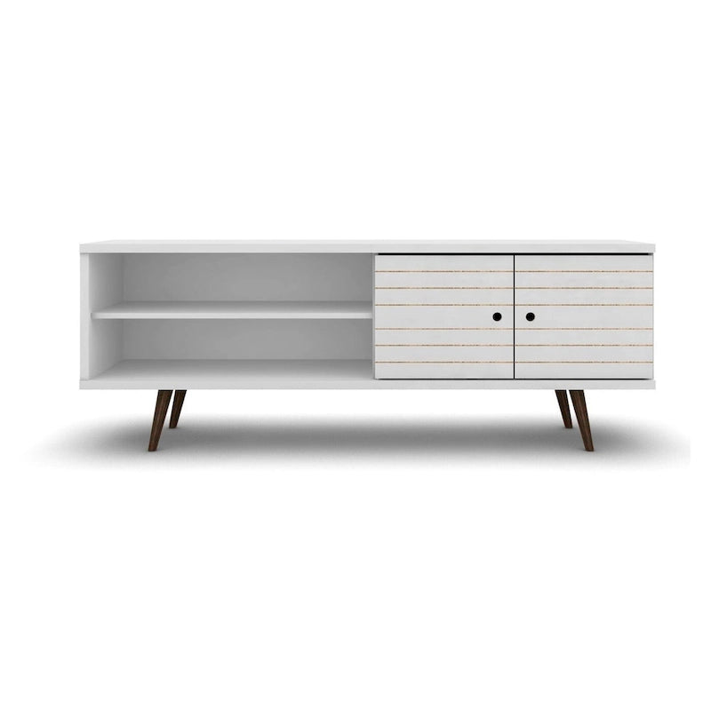 Meuble TV/console média en bois blanc, style Mid-Century Modern, avec pieds obliques