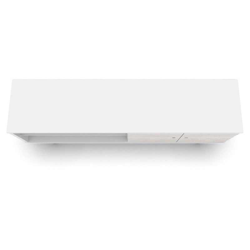Meuble TV/console média en bois blanc, style Mid-Century Modern, avec pieds obliques