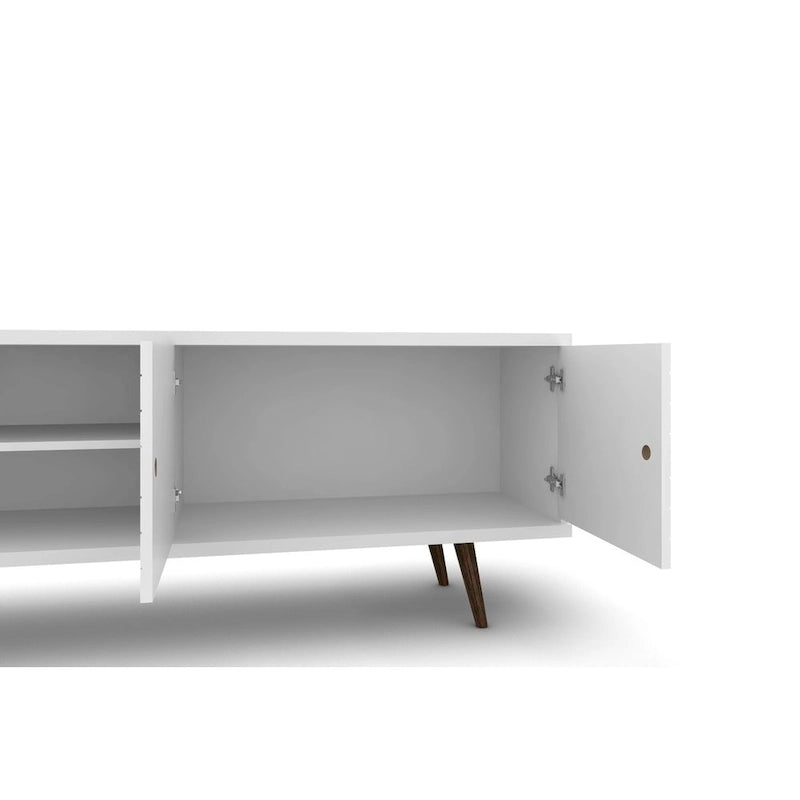 Meuble TV/console média en bois blanc, style Mid-Century Modern, avec pieds obliques