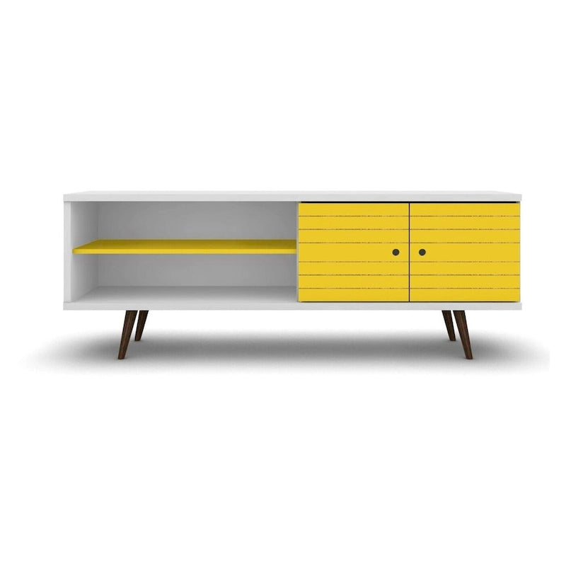 Meuble TV/console média en bois blanc, style Mid-Century Modern, avec pieds obliques