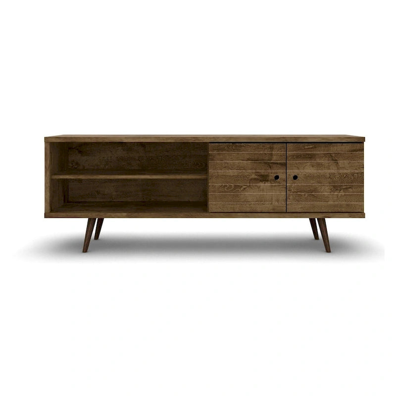 Meuble TV/console média en bois blanc, style Mid-Century Modern, avec pieds obliques