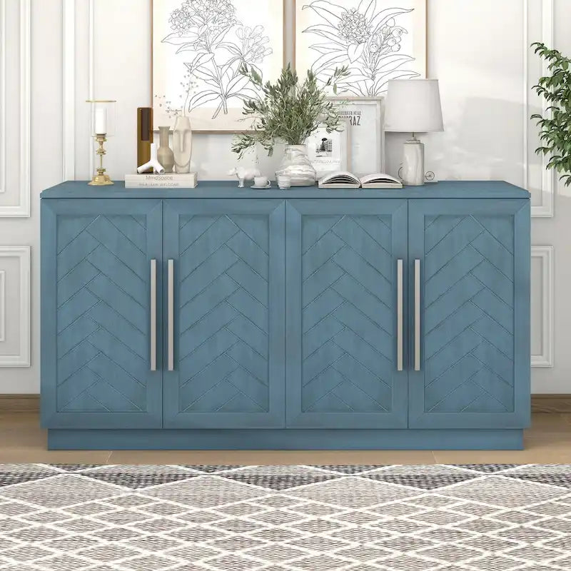 Meuble buffet 4 portes bleu blanc avec étagères réglables Rangement moderne