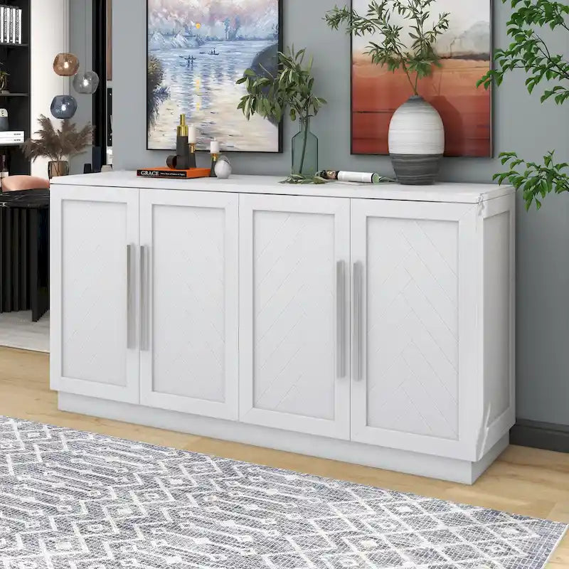 Meuble buffet 4 portes bleu blanc avec étagères réglables Rangement moderne