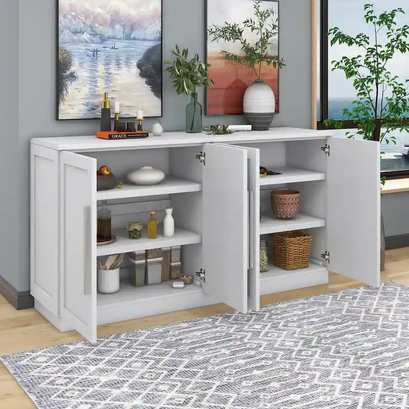 Meuble buffet 4 portes bleu blanc avec étagères réglables Rangement moderne
