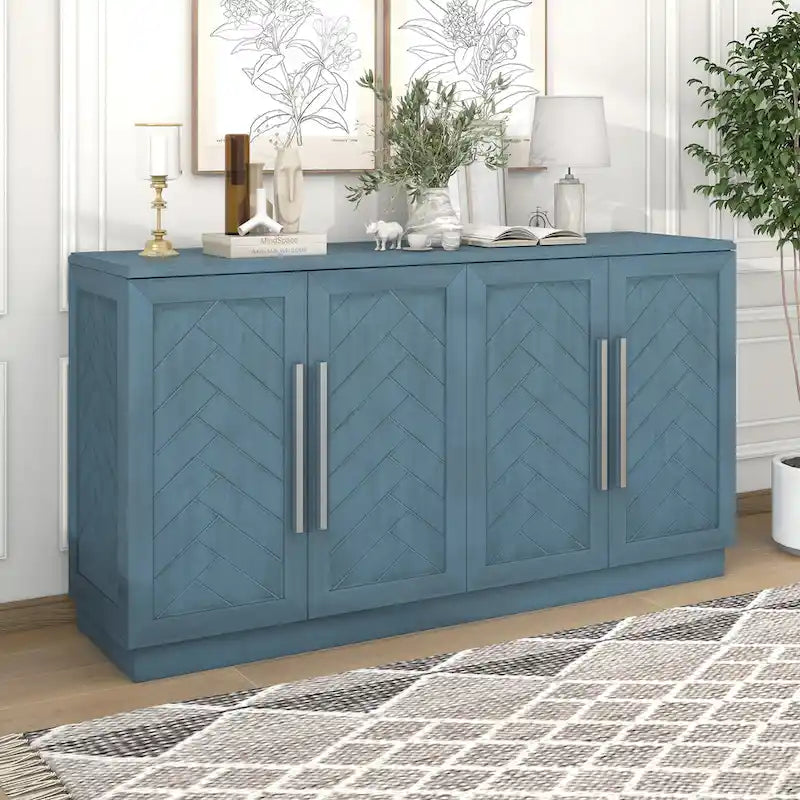 Meuble buffet 4 portes bleu blanc avec étagères réglables Rangement moderne