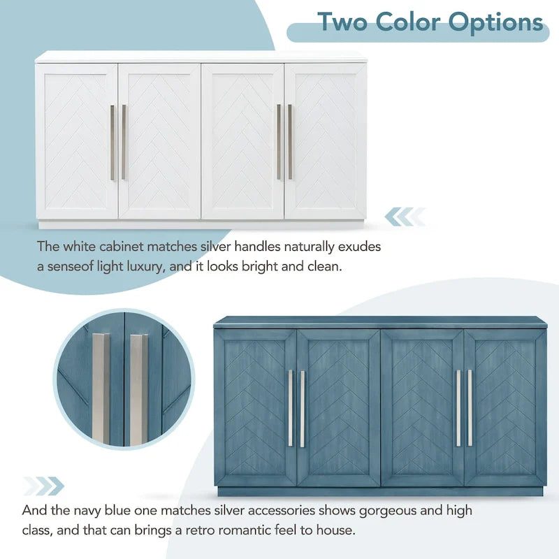 Meuble buffet 4 portes bleu blanc avec étagères réglables Rangement moderne