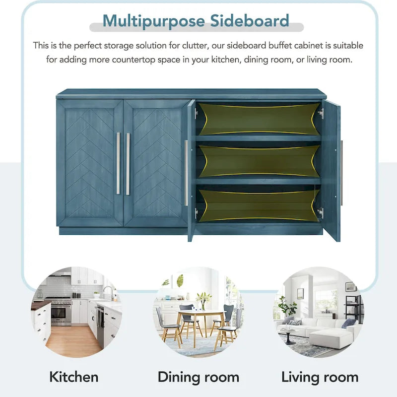 Meuble buffet 4 portes bleu blanc avec étagères réglables Rangement moderne