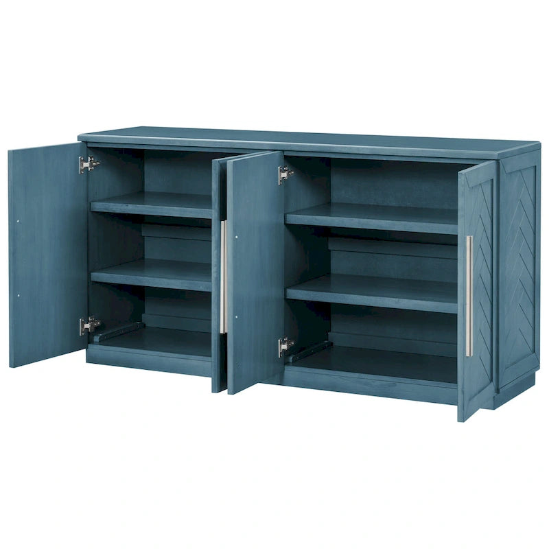 Meuble buffet 4 portes bleu blanc avec étagères réglables Rangement moderne