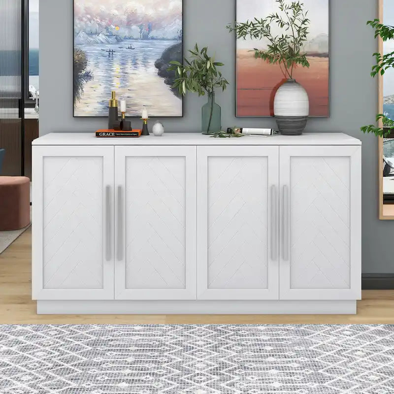 Meuble buffet 4 portes bleu blanc avec étagères réglables Rangement moderne