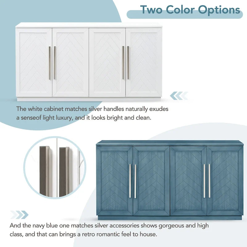 Meuble buffet 4 portes bleu blanc avec étagères réglables Rangement moderne