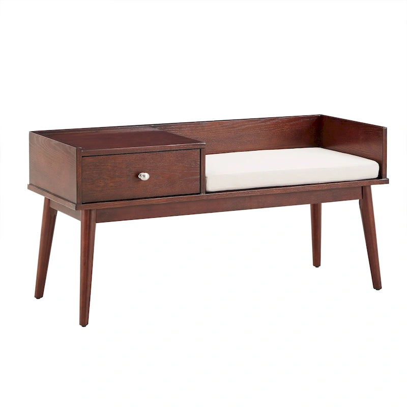 Banc d'entrée Mid-Century Modern avec tiroir et assise rembourrée