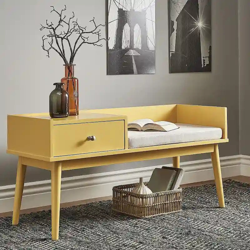 Banc d'entrée Mid-Century Modern avec tiroir et assise rembourrée