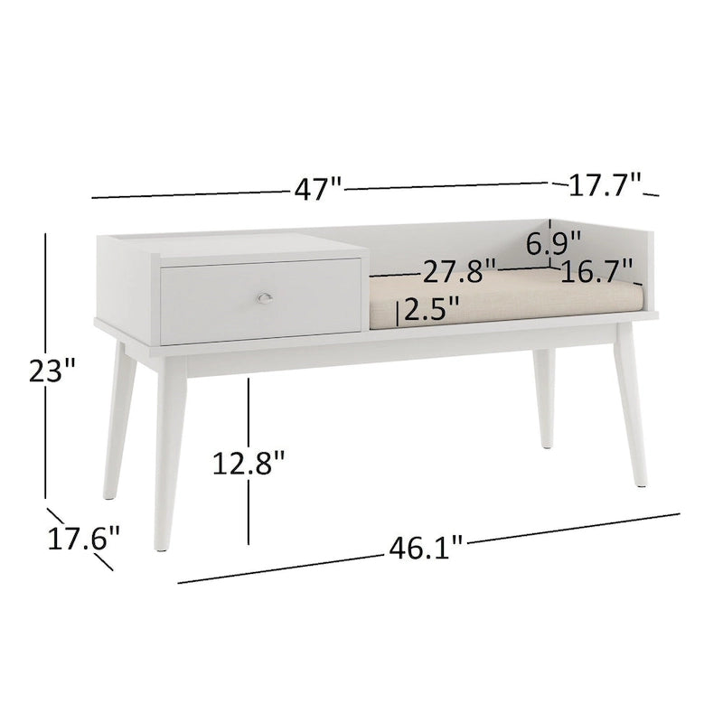 Banc d'entrée Mid-Century Modern avec tiroir et assise rembourrée