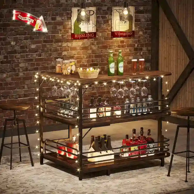Table de bar d'angle en L avec porte-verres à vin et étagères de rangement