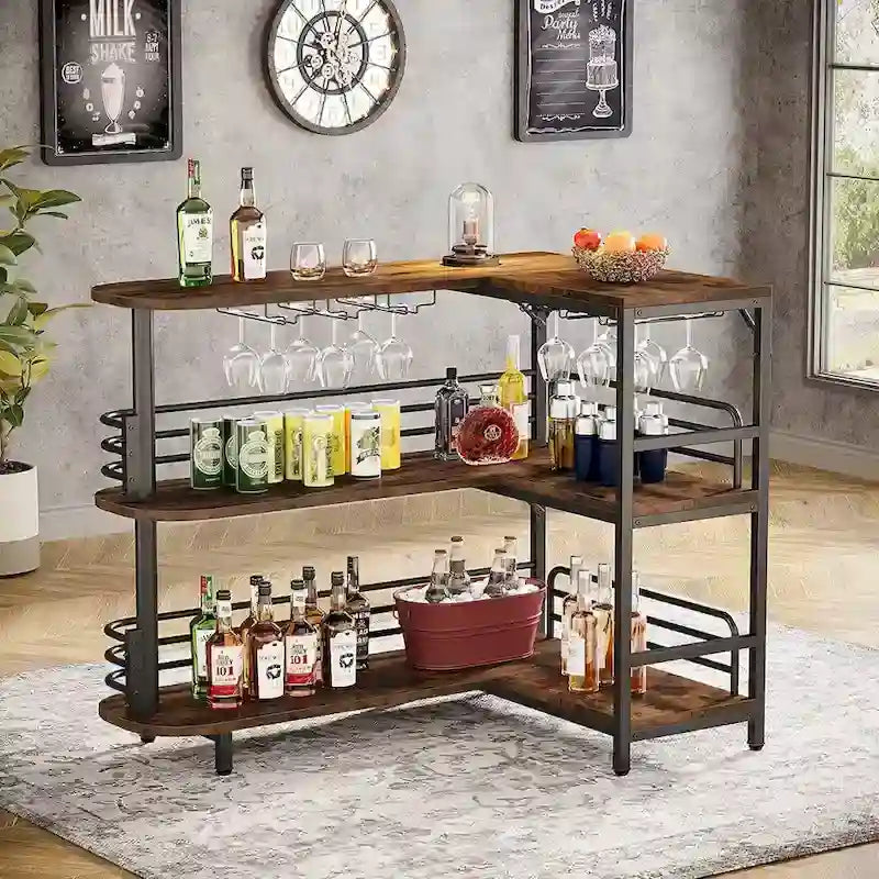 Table de bar d'angle en L avec porte-verres à vin et étagères de rangement