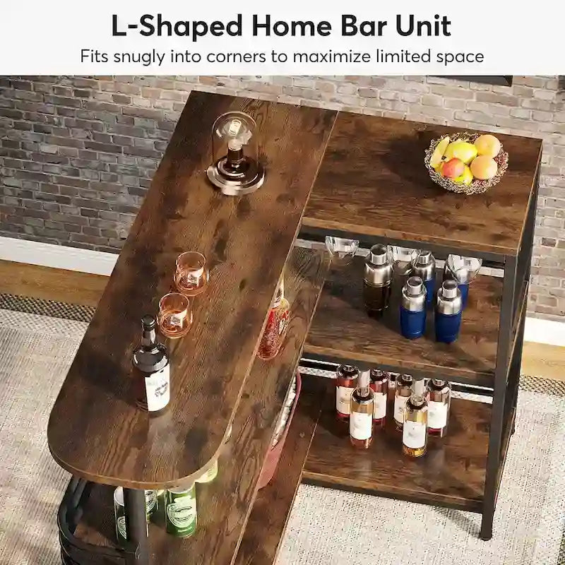 Table de bar d'angle en L avec porte-verres à vin et étagères de rangement