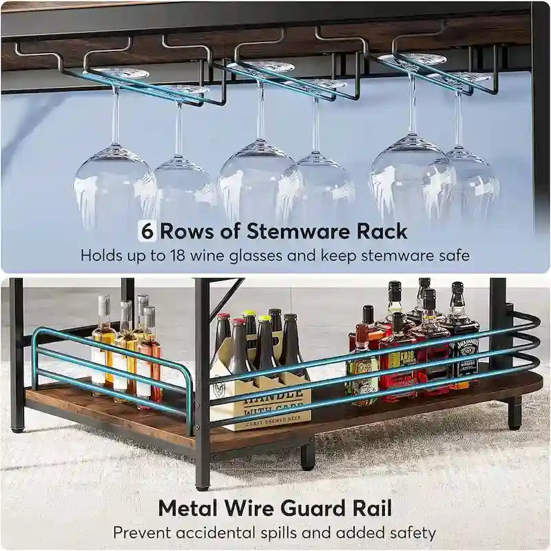 Table de bar d'angle en L avec porte-verres à vin et étagères de rangement