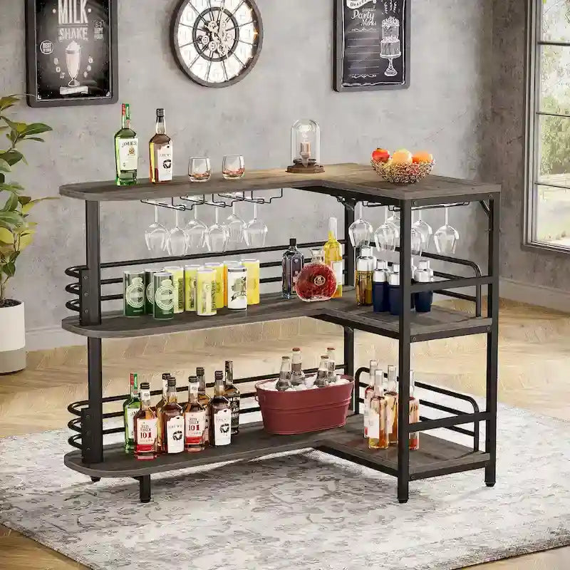 Table de bar d'angle en L avec porte-verres à vin et étagères de rangement