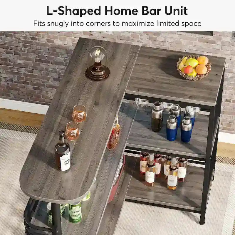 Table de bar d'angle en L avec porte-verres à vin et étagères de rangement
