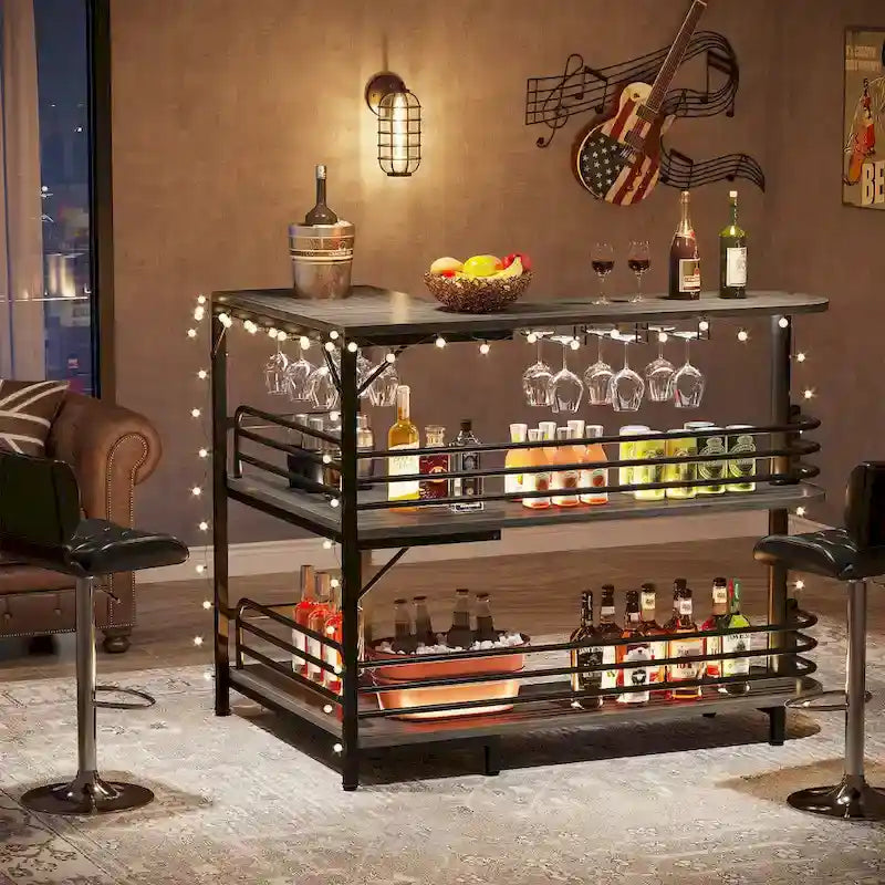 Table de bar d'angle en L avec porte-verres à vin et étagères de rangement