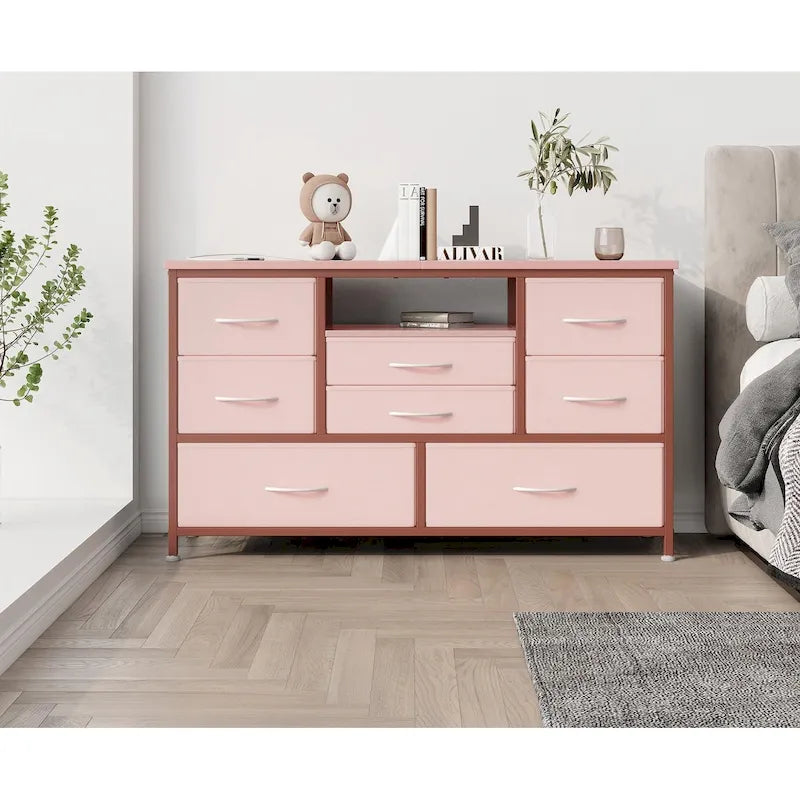Commode à 8 tiroirs avec étagère ouverte, cadre en métal, rose et gris
