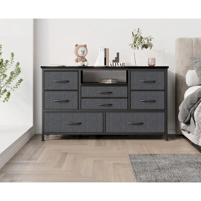Commode à 8 tiroirs avec étagère ouverte, cadre en métal, rose et gris