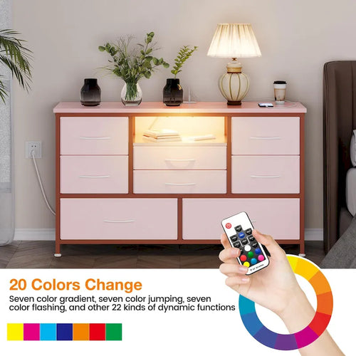 Commode à 8 tiroirs avec étagère ouverte, cadre en métal, rose et gris