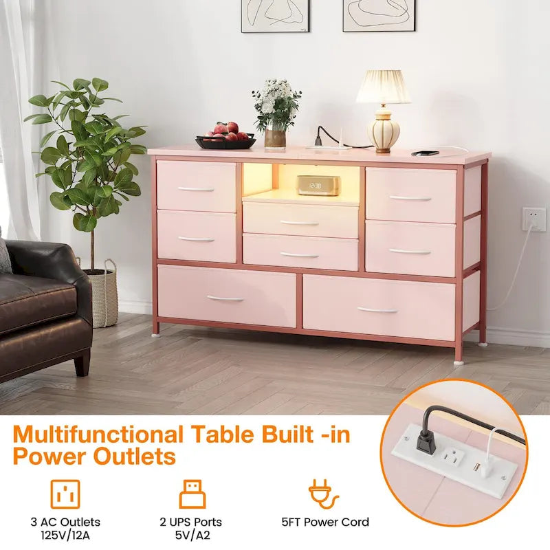 Commode à 8 tiroirs avec étagère ouverte, cadre en métal, rose et gris
