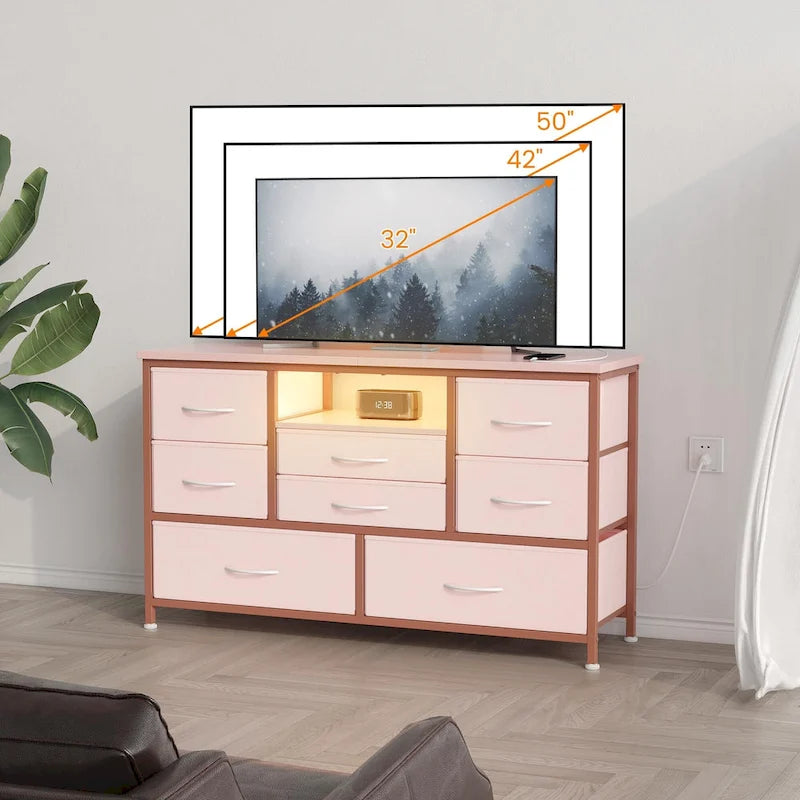 Commode à 8 tiroirs avec étagère ouverte, cadre en métal, rose et gris