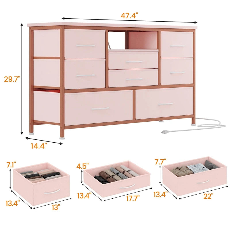 Commode à 8 tiroirs avec étagère ouverte, cadre en métal, rose et gris