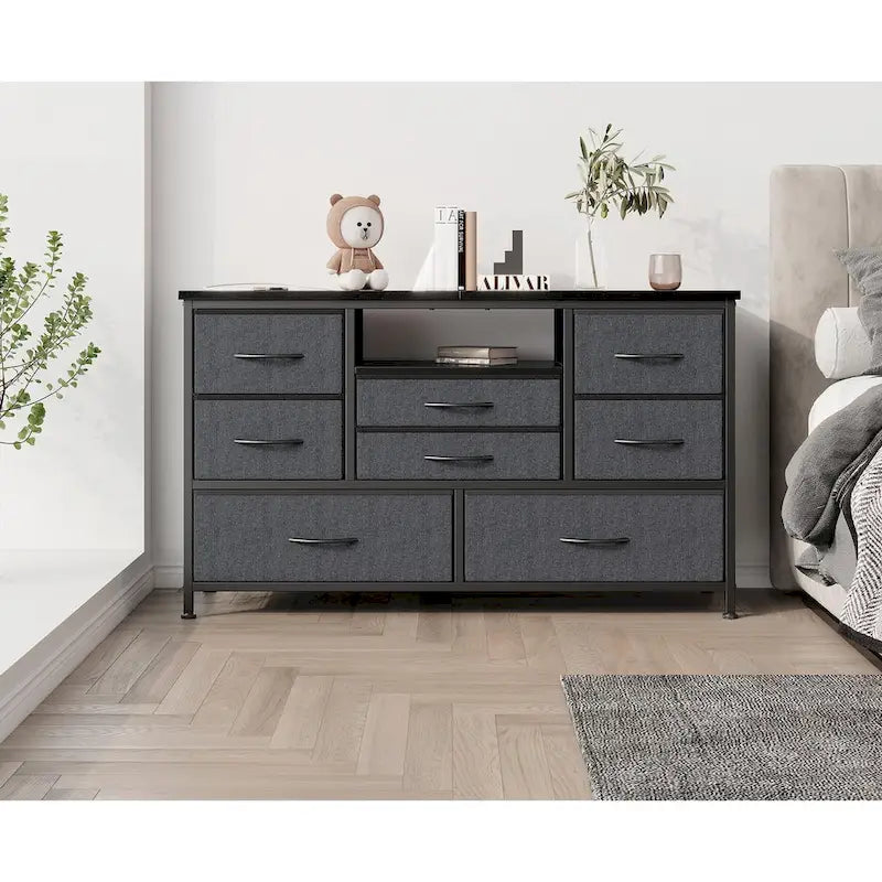 Commode à 8 tiroirs avec étagère ouverte, cadre en métal, rose et gris