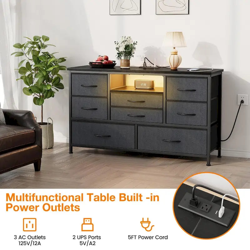 Commode à 8 tiroirs avec étagère ouverte, cadre en métal, rose et gris