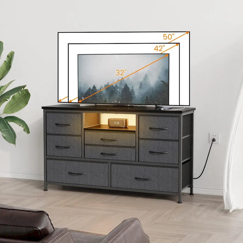 Commode à 8 tiroirs avec étagère ouverte, cadre en métal, rose et gris