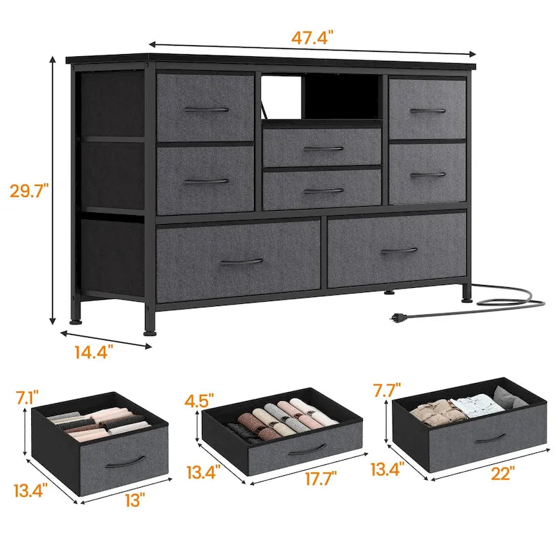 Commode à 8 tiroirs avec étagère ouverte, cadre en métal, rose et gris