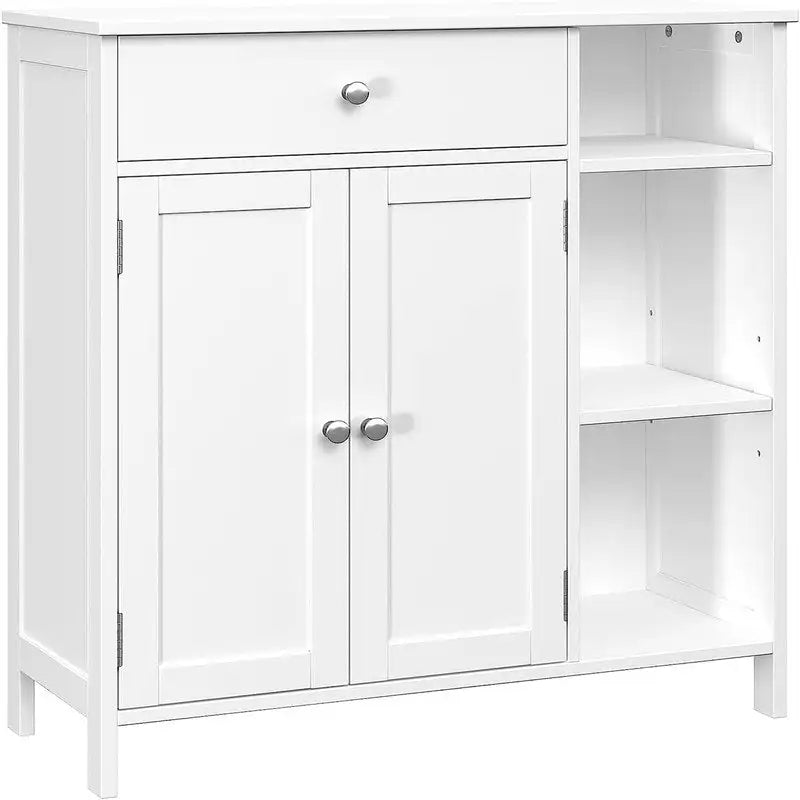 Armoire de rangement rustique en bois avec tiroir, portes et étagères ouvertes, grise