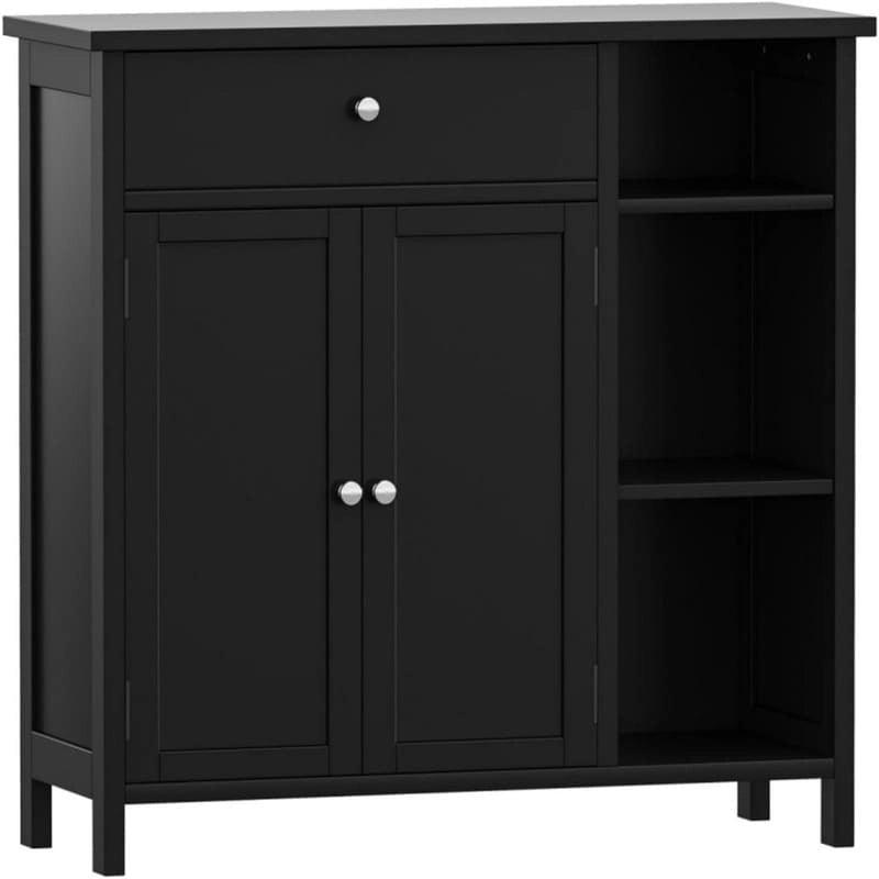 Armoire de rangement rustique en bois avec tiroir, portes et étagères ouvertes, grise