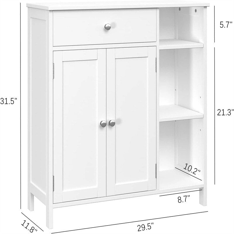 Armoire de rangement rustique en bois avec tiroir, portes et étagères ouvertes, grise