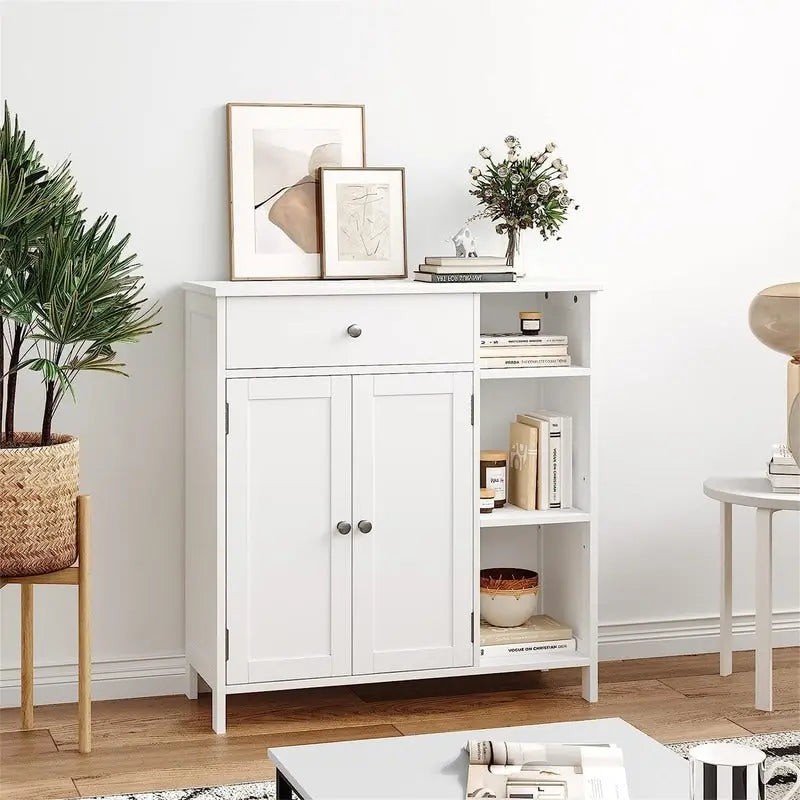 Armoire de rangement rustique en bois avec tiroir, portes et étagères ouvertes, grise